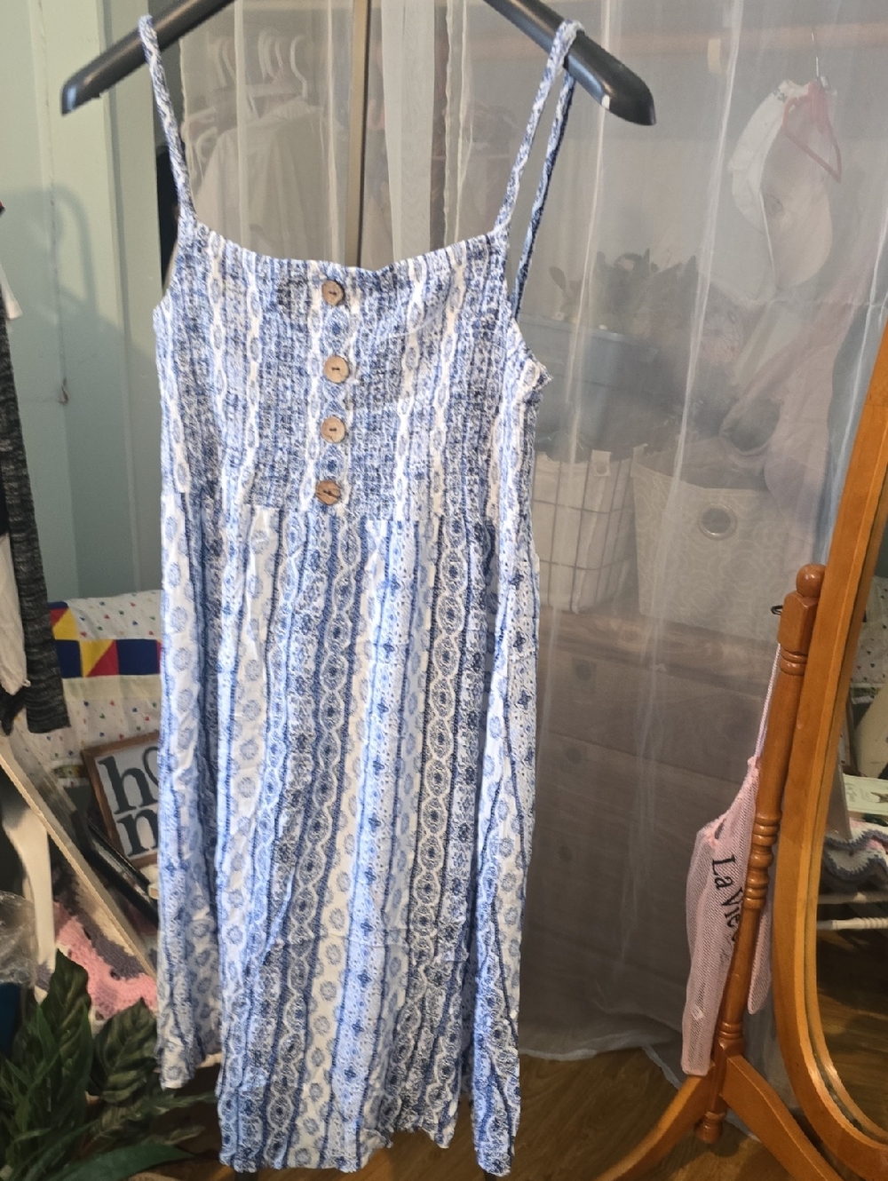 ENIKAY By Navleen Blue & White Button-Front Pocketed Sundress XL Smocked